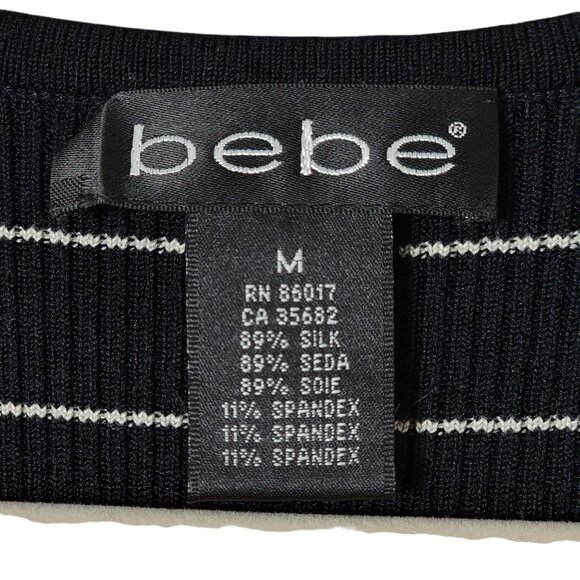 Bebe Y2K 2000s Black Striped Ribbed Lace Trim Silk Blend V-Neck Baby Top Medium - Picture 8 of 9